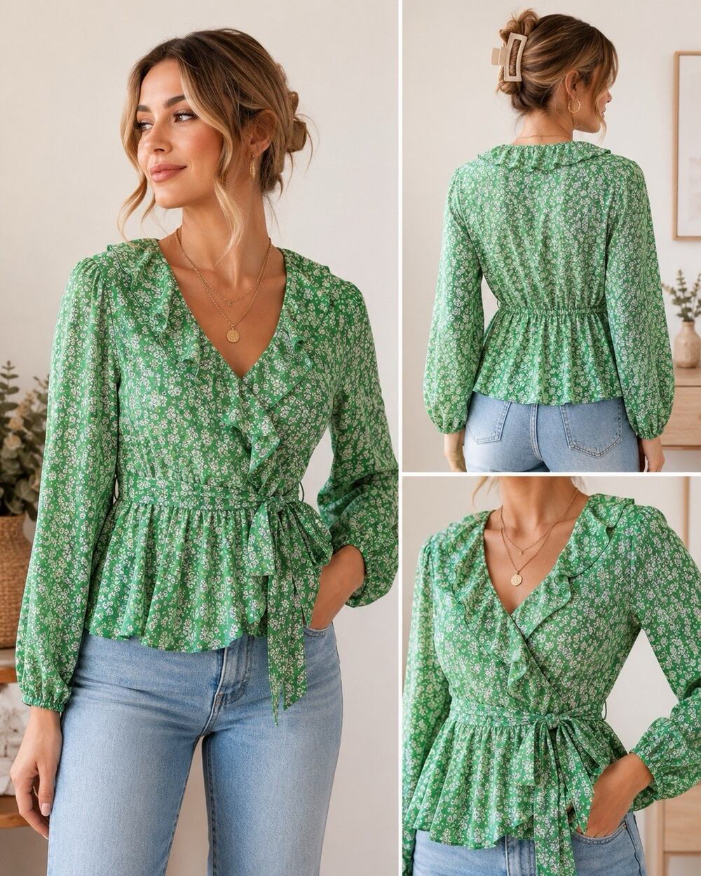 Max Studio Women’s L Green Floral Wrap Blouse Ruffle Peplum Cottagecore